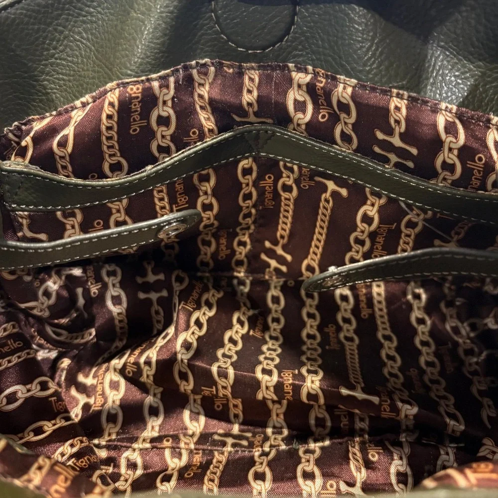 Tignanello Olive Green Pebbled‎ Leather Satchel Buckle Handbag Silver Hardware